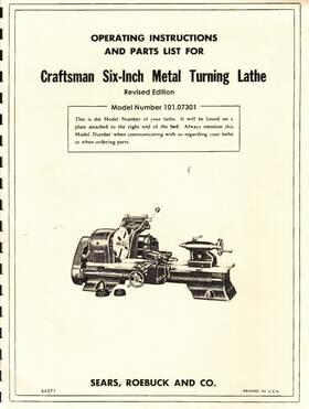 101.07301 Sears Craftsman 6 Inch Metal Turning Lathe Oper Instr And Parts List Model #