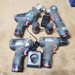 Bosch 12V PS31 Drill, PS41 Impact, PS60 Sawsall, PS10 Angle Drive, 6- Batterys. Fixed Price $200.00.