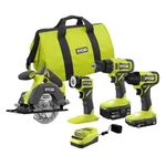 Ryobi 18V Cordless 4-TOOL Combo Kit W/ 1.5 Ah Battery, 4.0 PCL1400K2. Fixed Price $145.00.