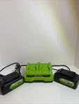Greenworks Battery / Charger Kit - Two 24V 4AH BAG709 Batteries + CAG817. Fixed Price $65.00.