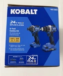 New Kobalt 24V Brushless Drill & Impact Driver Kit W/ 2.0AH Battery, Charger Bag. Fixed Price $155.00.