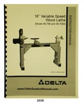 Delta 16" Variable Speed Wood Lathe 46-756, 46-755X Instruct& Parts Manual #2038. Fixed Price $17.50.