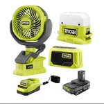 Ryobi 18V Compact Camper's Kit - Cordless Light, Speaker, Fan, Battery, Charger. Fixed Price $125.00.