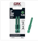 Grk T-25, 2-IN. Green Steel Star Bits, One 2-PACK = Two 187443. Fixed Price $10.20.