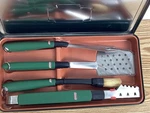 Vintage Coleman Bbq Grill Tools 4 Pc Set Green Metal Case. Fixed Price $55.00.