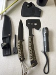 4PC Outdoor Survival Tool Set With Hatchet, Knife, Fire Starter & Flashlight. Fixed Price $9.90.