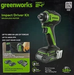 Greenworks 24V Cordless Impact Driver Kit, 2AH Batteries, Charger, Tool Bag. Fixed Price $109.99.