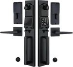 Matte Black Smart Handleset With Keypad Lock For Double Front Door. Fixed Price $383.99.